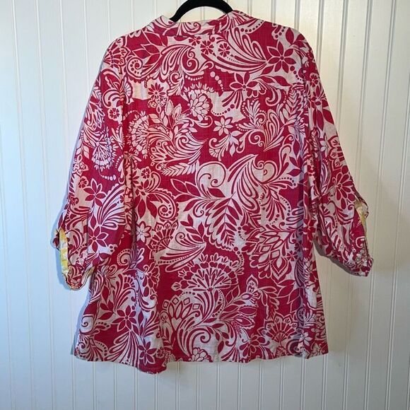 Pappagallo 3/4 Sleeve Button Up Top Women 3X Pink Yellow Tropical Peekaboo Cuffs - Picture 8 of 12